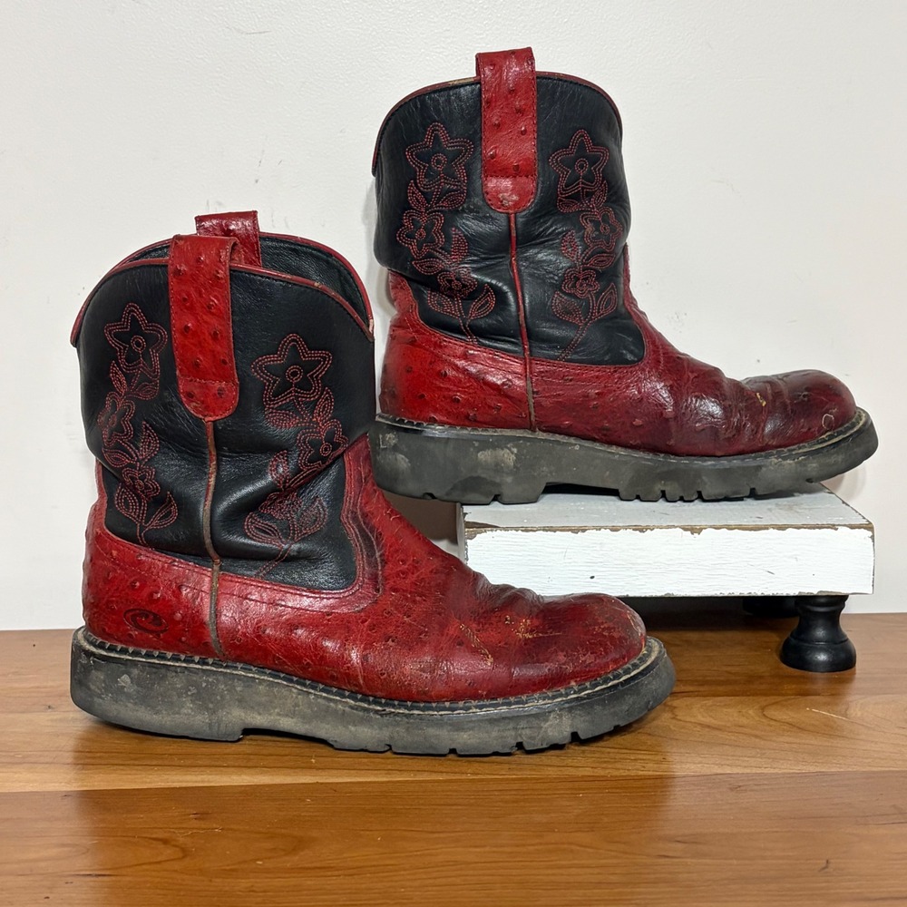 Roper Red Ostrich Print Black Leather Floral Embroidered Western Boots 8 530-200